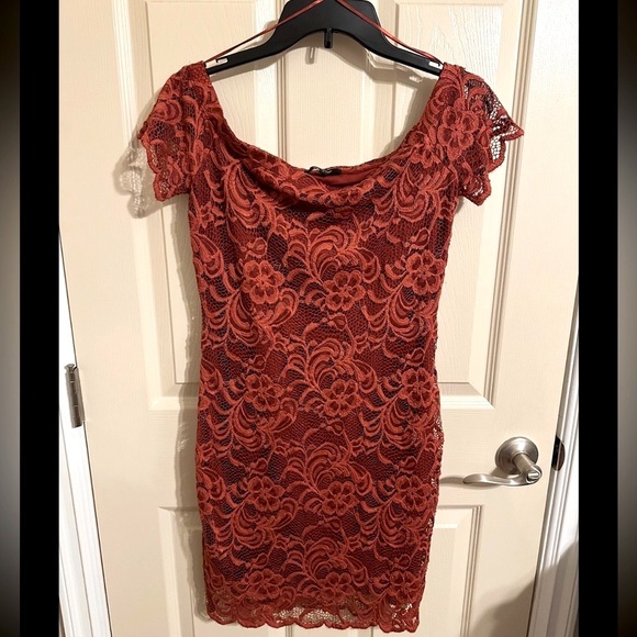Ambiance Dresses & Skirts - Ambiance Lace Overlay Off the Shoulder Bardot Mini Dress, Rust, Sz Large